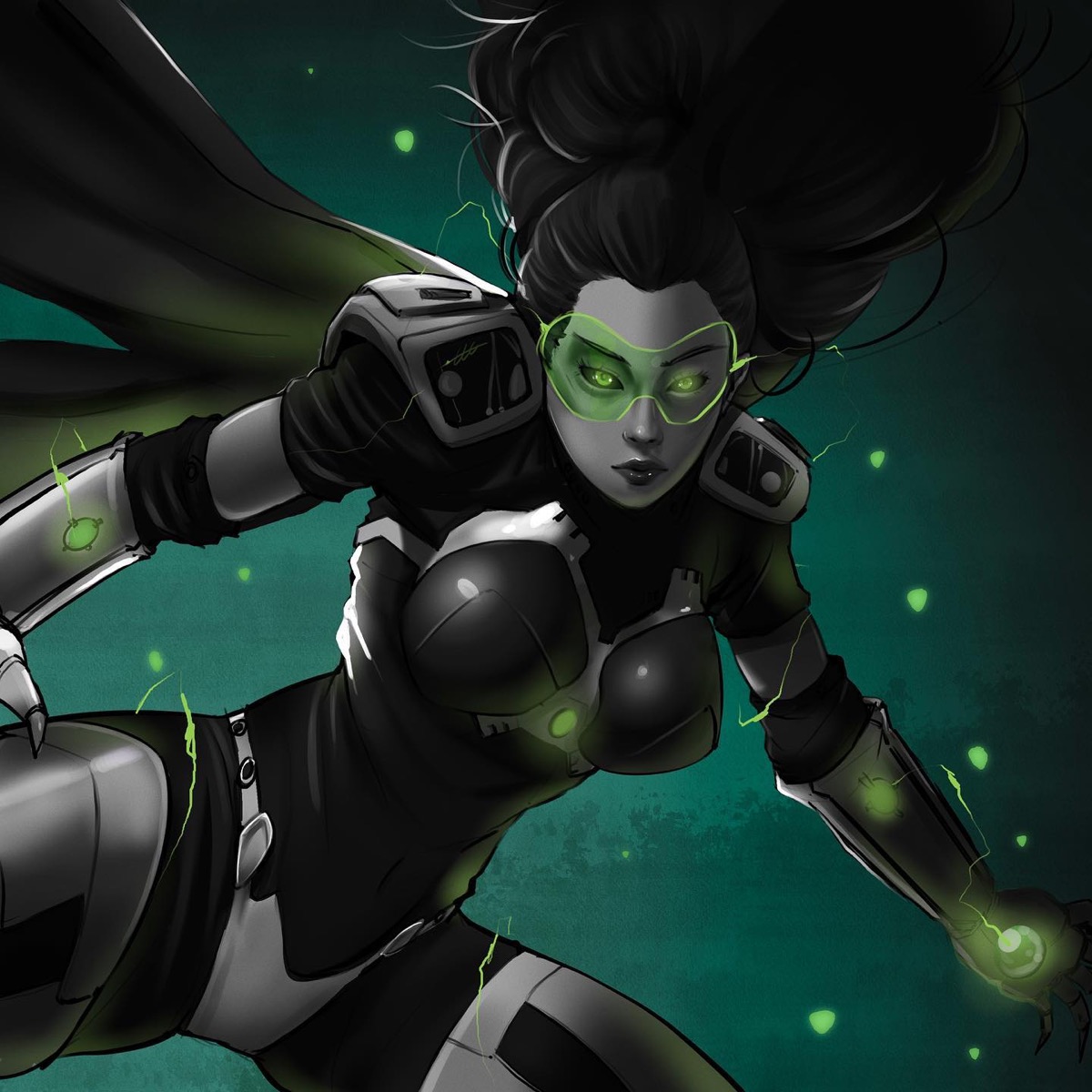 Armored heroine with green visor over a dark teal background