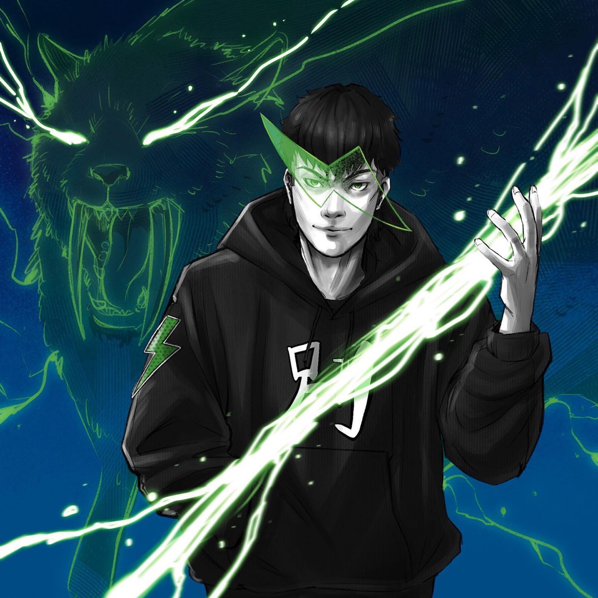 Illustration of a young man in a black hoodie wrapped in green lightning