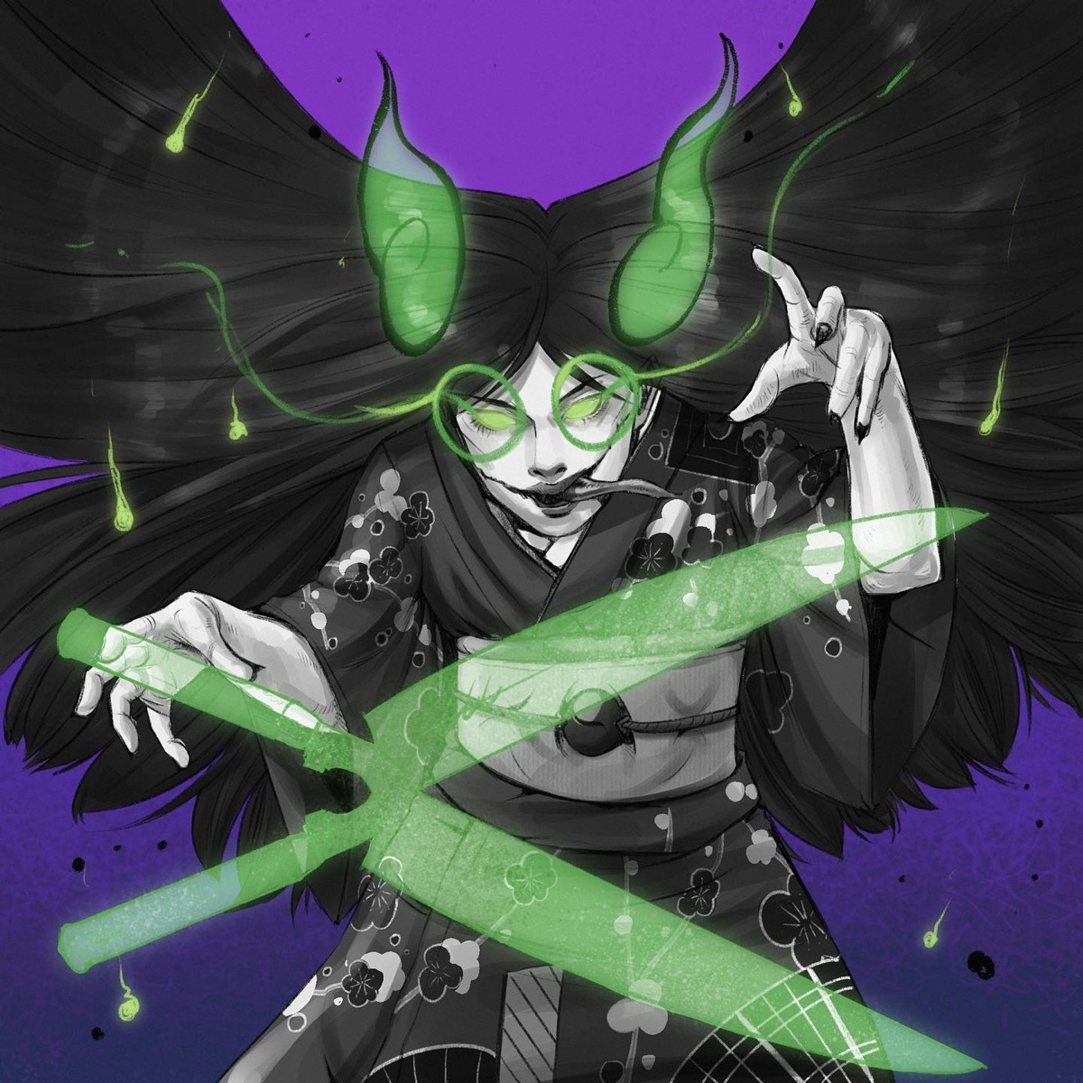 Horned sorceress casting green slashes against a purple sky