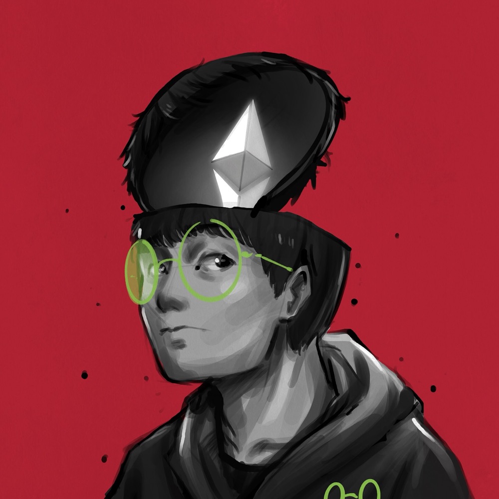 Grayscale character whose head opens to reveal an Ethereum logo, red background