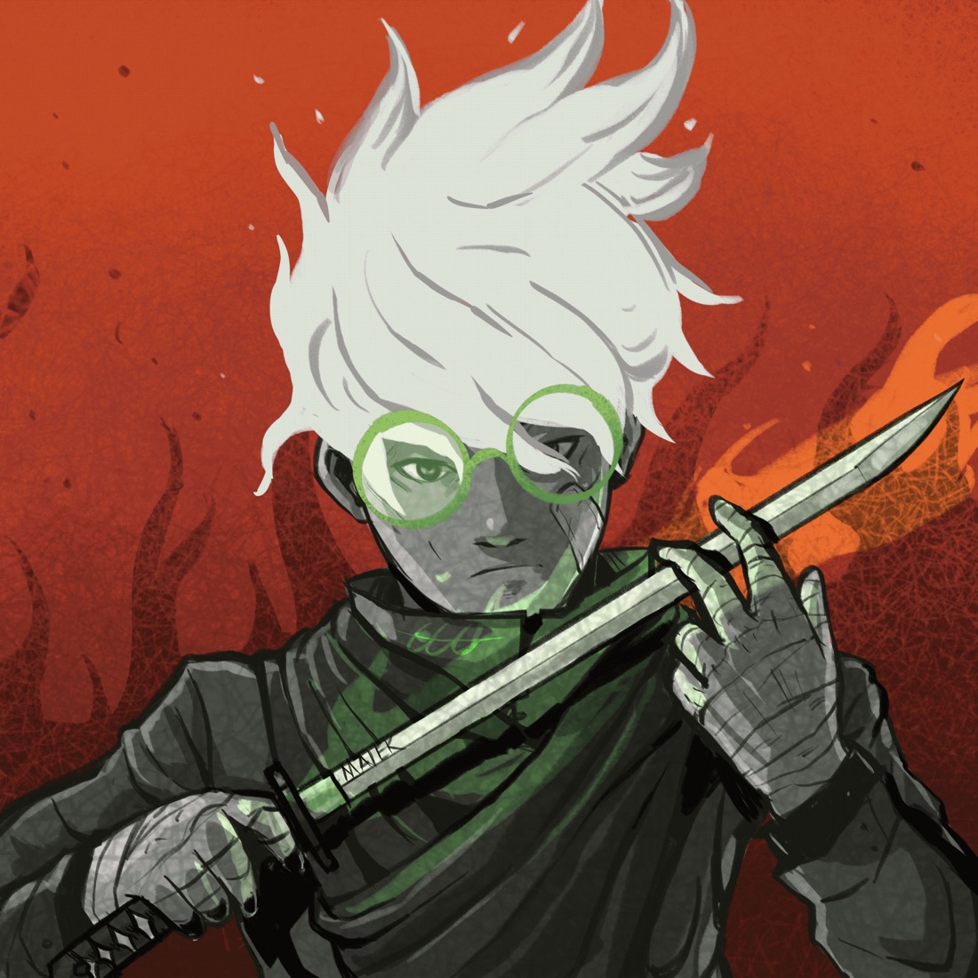 White-haired swordsman with green glasses on a red background