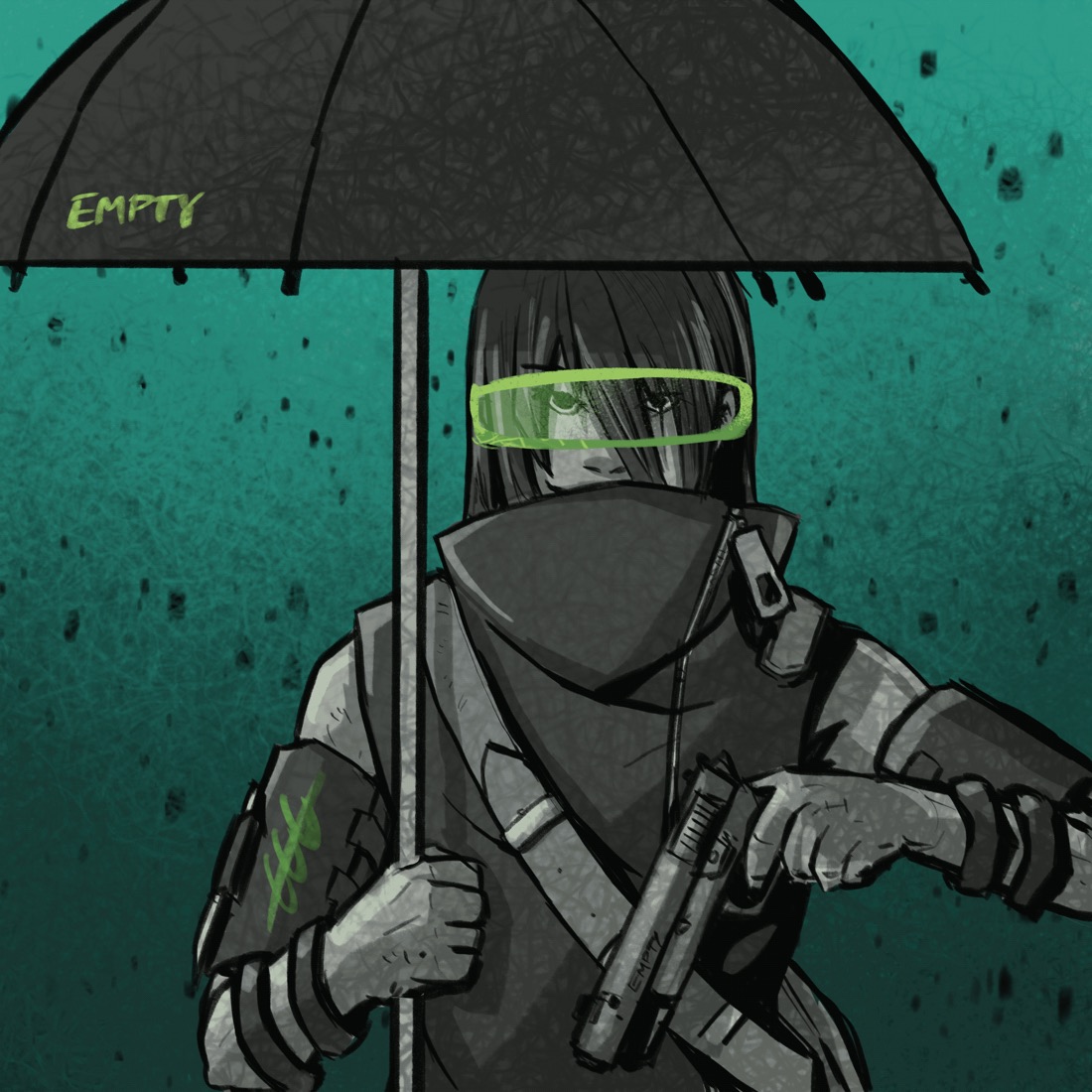 Masked figure under a black umbrella on teal