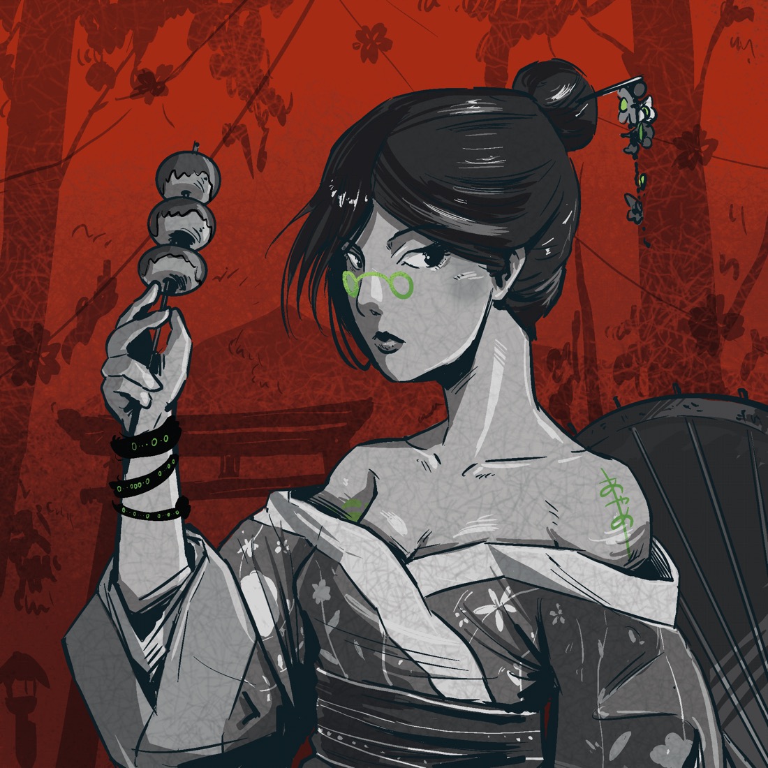 Woman in a kimono holding a skewer, red background