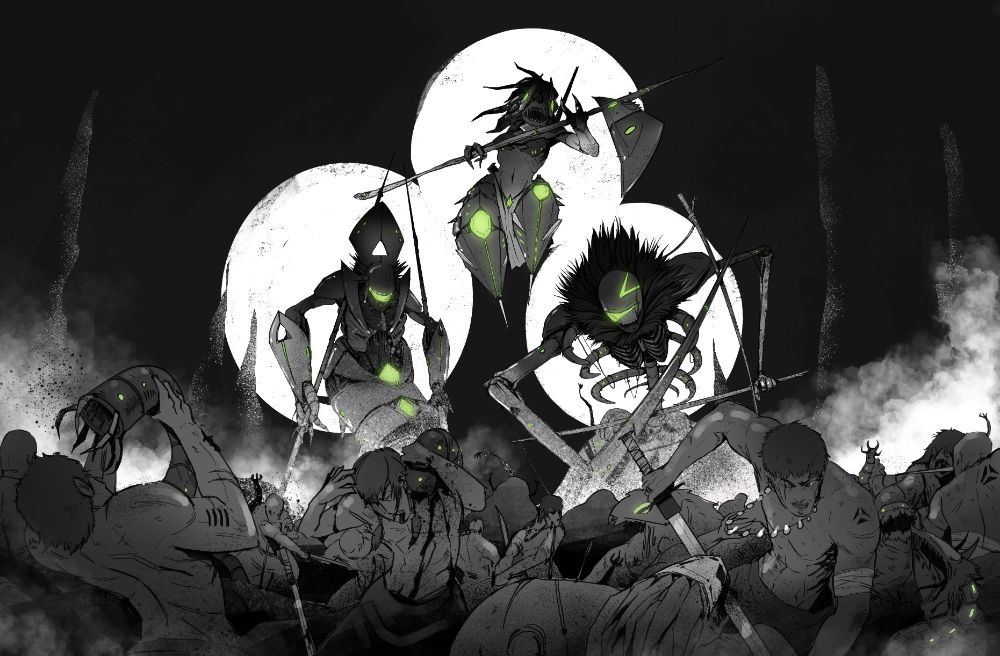 Three silhouetted riders leaping under three white moons above a grayscale battle, eyes glowing green