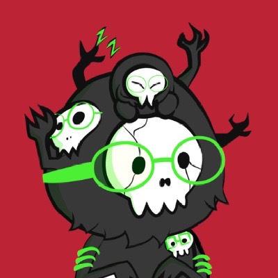 Skull-hooded character with green glasses