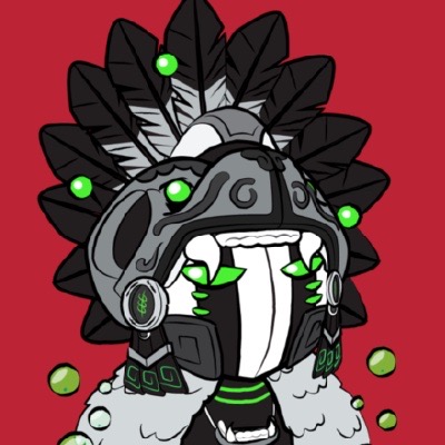 Tribal-masked character with green glasses