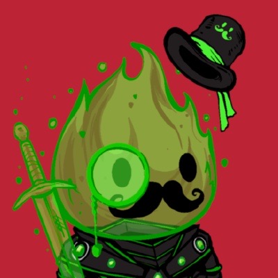 Flame creature with a monocle and mustache