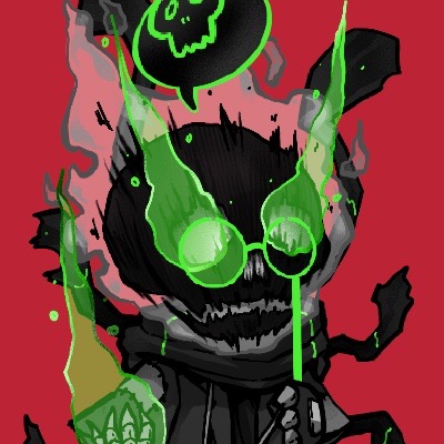 Horned shadow creature with green flames